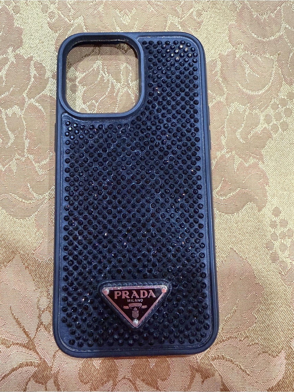 Prada Black Rhinestoned Textured Phone Case with Logo Plaque